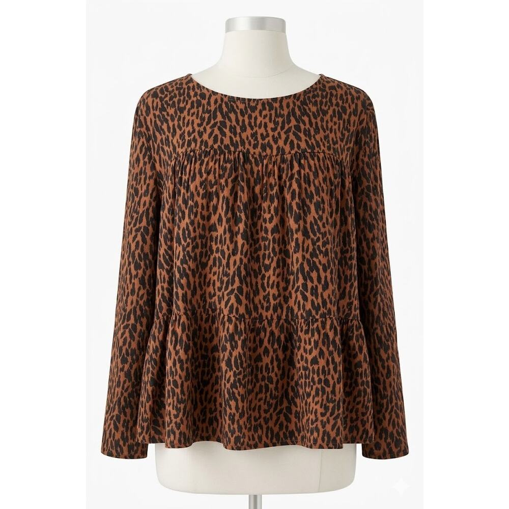 GAP Leopard Print Peplum Top XL Animal Print Long Sleeve Tiered Blouse Brown